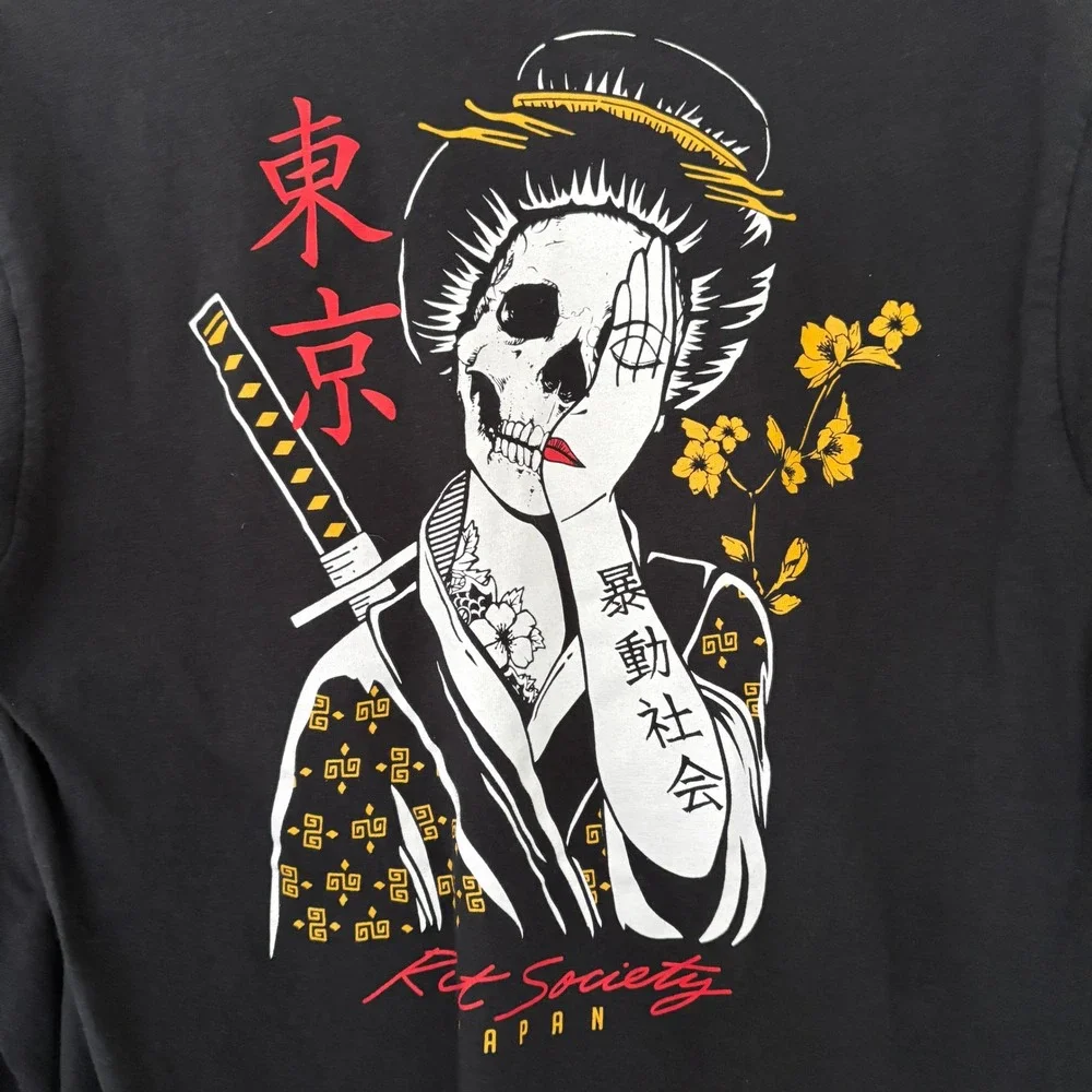Riot Society Japan Skull Geisha Streetwear Long Sleeve T Shirt Black Mens Size M